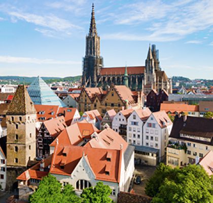Metzgerturm Tower and Ulm Minster or Ulmer Munster Cathedral, a Lutheran church located in Ulm, Germany. It is currently the tallest church in the world.