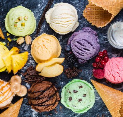 Selection,Of,Colorful,Ice,Cream,Scoops,On,Marble,Background,,Top
